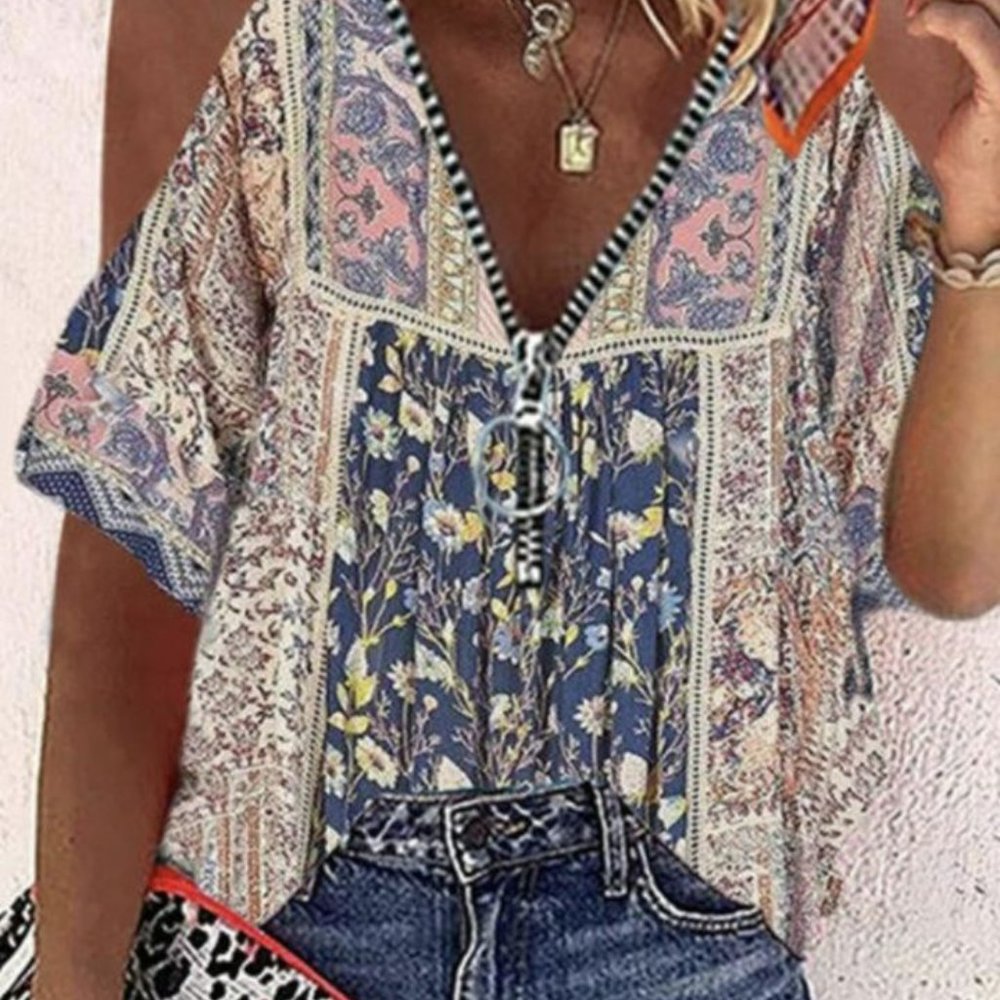 HEKKA blue and pink boho cold shoulder top Size Small NWT